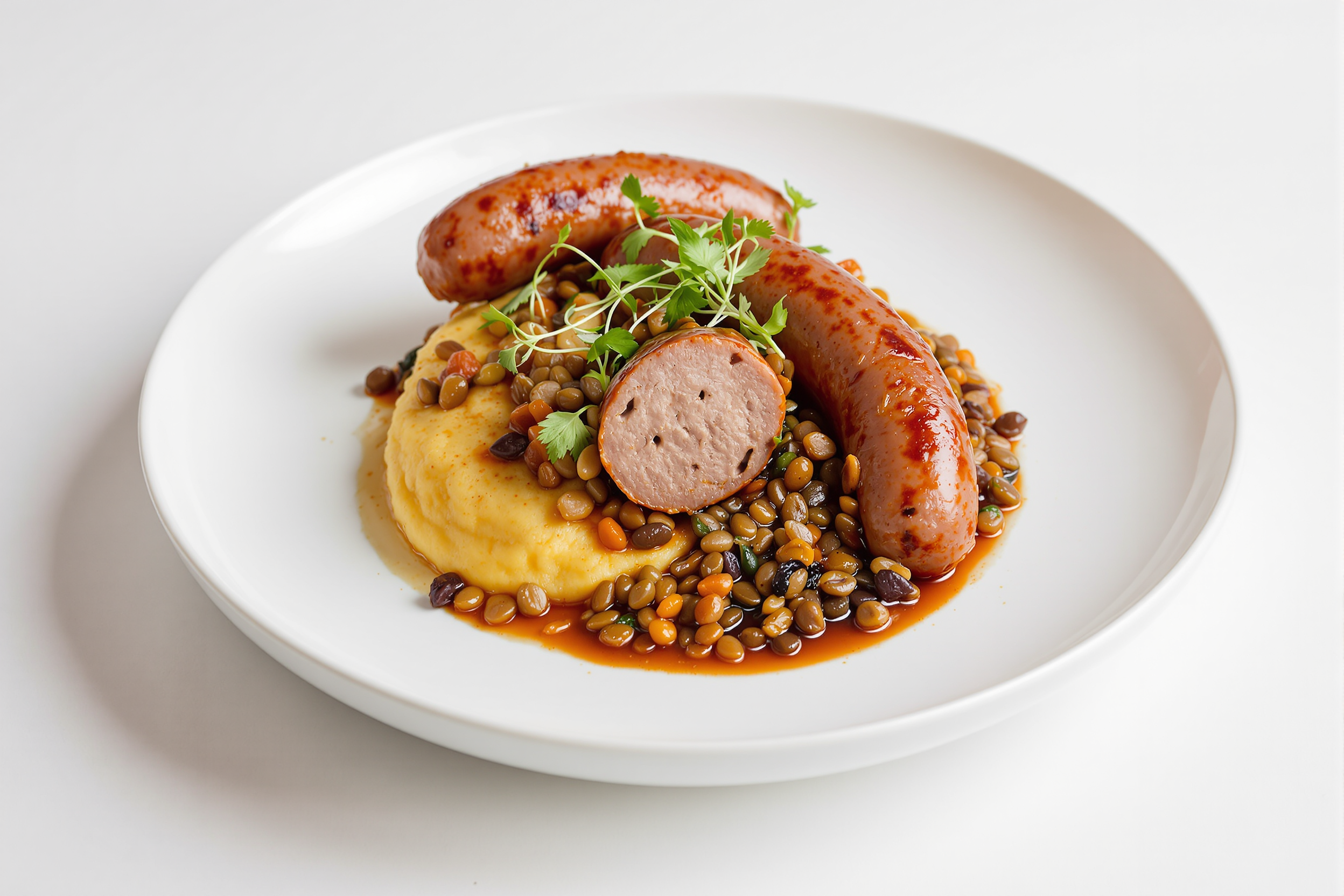 Specimen photograph for Italian Sausages with Puy Lentils, Spiced Tomato & Red Wine Vinegar