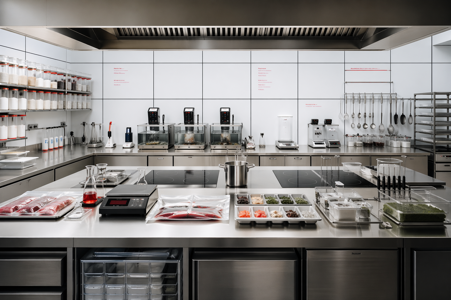 Modernist culinary laboratory blending stainless steel kitchen equipment with a clinical research bench